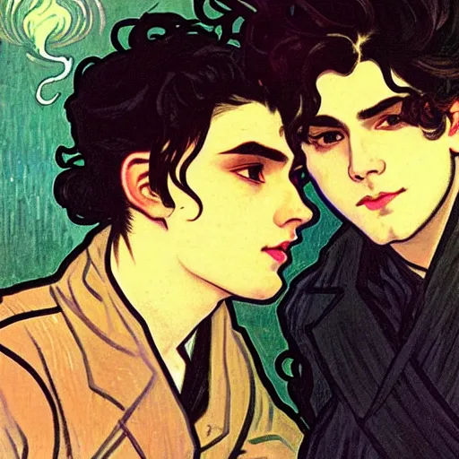 Image similar to painting of young cute handsome beautiful dark medium wavy hair man in his 2 0 s named shadow taehyung and cute handsome beautiful min - jun together at the halloween! party, bubbling cauldron!, candles!, smoke, autumn! colors, elegant, wearing suits!, delicate facial features, art by alphonse mucha, vincent van gogh, egon schiele