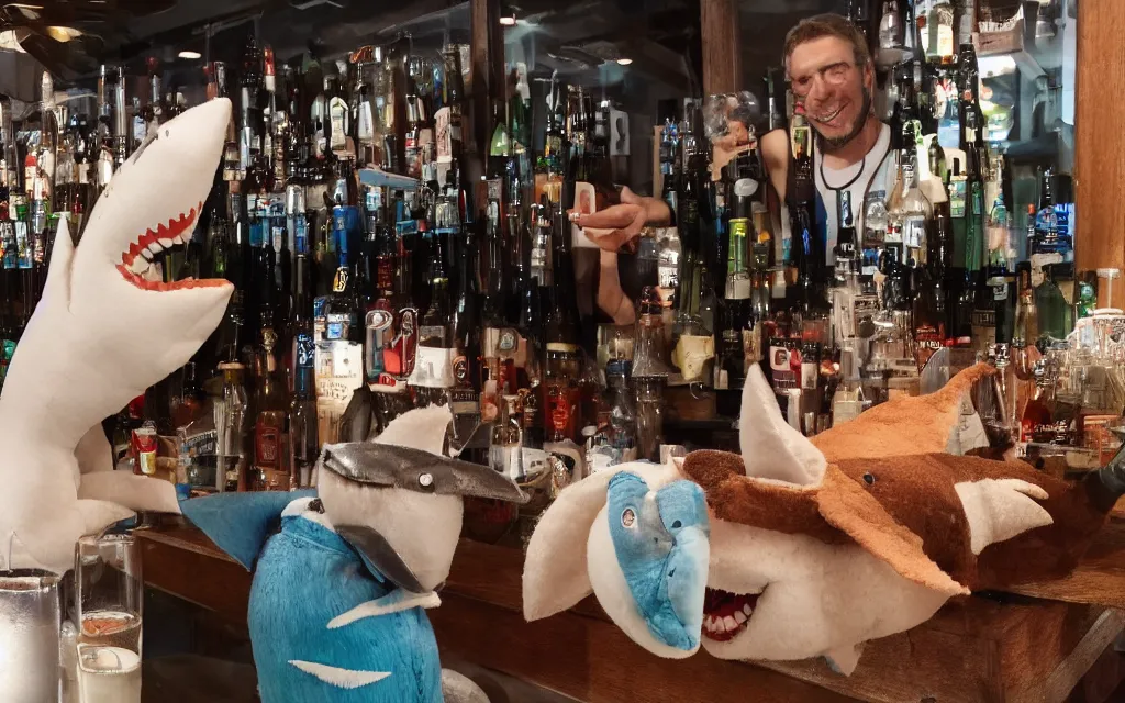 Prompt: Shark plush ordering a beer at a bar, stuffed toy, fish, dim lighting, 50mm, depth of field,