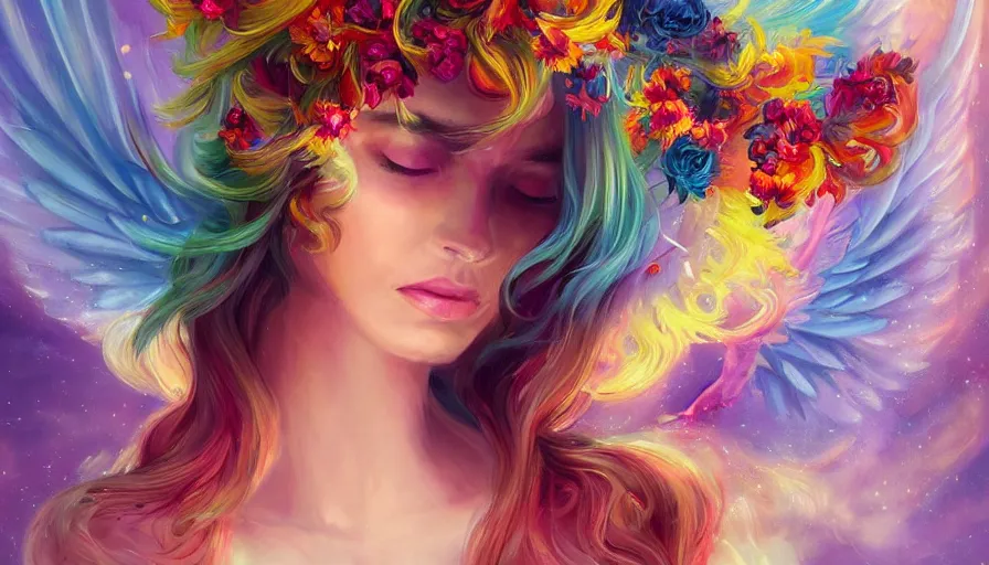 Image similar to a colorful and provenance portrait painting of a angel with her hugeflowers wings spread out gracefully, highly saturated colors, highly detailed, hair made of hair made of air wind and curling smoke, mist, dust, genie, flowers, flower, stars, spirit fantasy concept art, art by charlie bowater and aenami, trending on artstation.