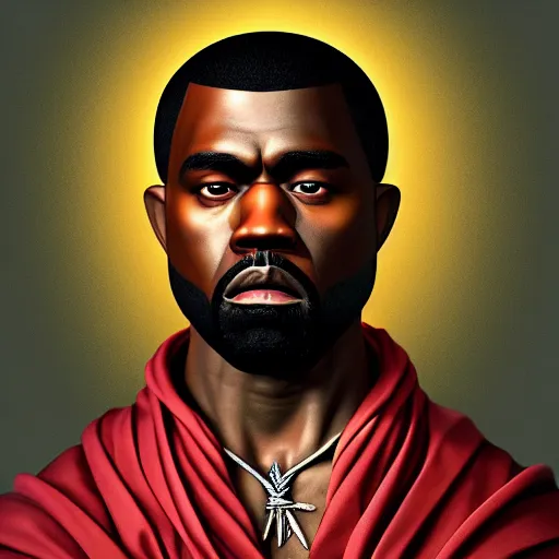 Image similar to Colour Caravaggio Bosch style Photography of Highly detailed Kayne West with highly detailed 1000 years old face with reflecting glowing skin. Many details . In style of Josan Gonzalez and Mike Winkelmann and andgreg rutkowski and alphonse muchaand and Caspar David Friedrich and Stephen Hickman and James Gurney and Hiromasa Ogura. Rendered in Blender and Octane Render volumetric natural light