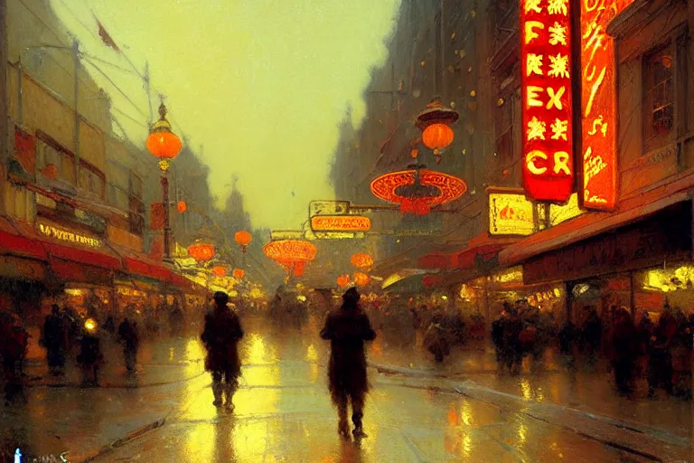 Image similar to winter, attractive male, neon light, chinatown, painting by gaston bussiere, craig mullins, j. c. leyendecker