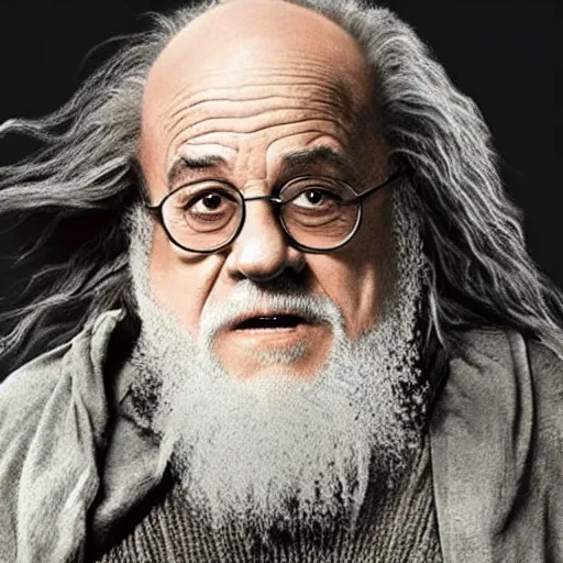 Image similar to danny devito starring as gandalf the white in the 2 0 2 4 lord of the rings movie, full body, hyper realistic, high quality, wide angle