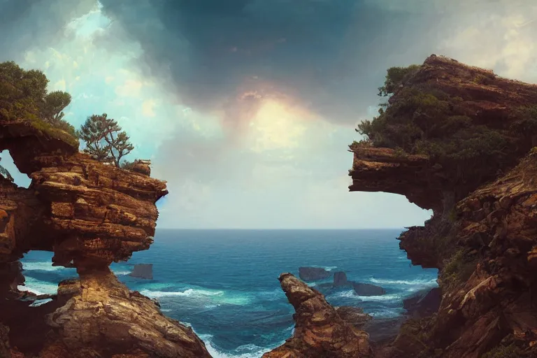 Image similar to lovely a - frame home sits atop a broad cliff, overlooking the entirety of the blue sky, digital painting by greg rutkowski and gaston bussiere, zbrush, cgsociety contest winner, comprehensive art, intricate, landscape photography, brightly radiant atmosphere, overcast sky, homogeneous to hawaii, 4 k, 8 k