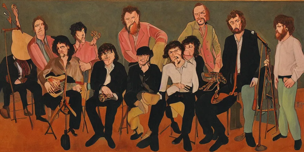 Prompt: painting of The Band (Robbie Robertson, Garth Hudson, Richard Manuel, Rick Danko, Levon Helm), circa Music From Big Pink, by Paula Rego