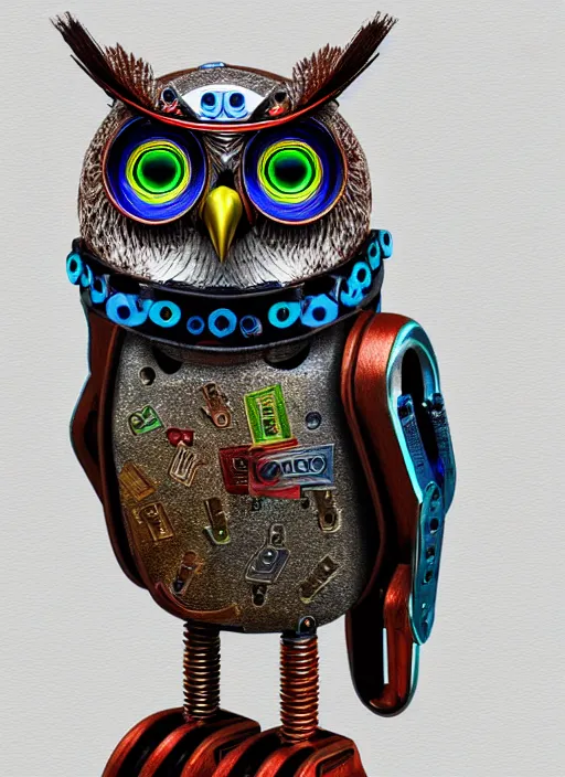 Image similar to colored pencil and pen drawing of an animatronic robot owl, bird made from rusty old keys and padlocks, 4 k photorender realityengine