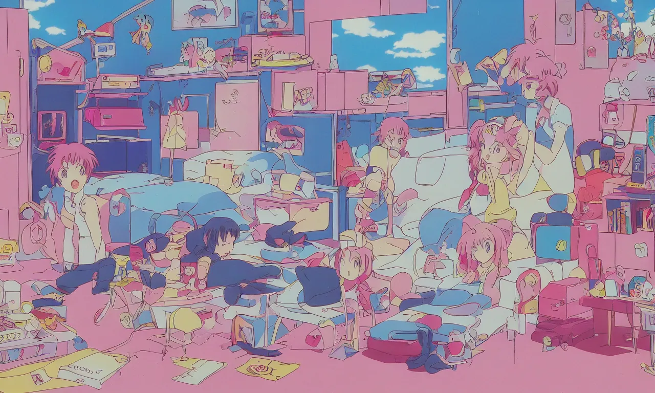 Image similar to A cute aesthetic still frame from an 80's or 90's anime bedroom