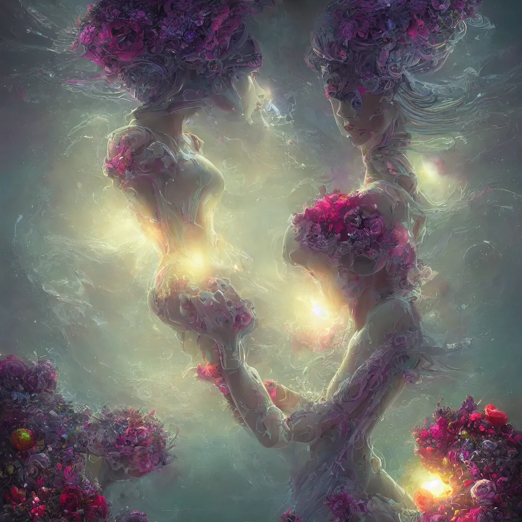 Image similar to concept art, a goddess of world full of life divine thrill of the biological tranquil sky, atoms floating, cosmic horror, gothic harts, flowers, artwork by beeple and lisa frank fantasy, intricate, elegant, highly detailed, digital painting, artstation, concept art, art by artgerm and greg rutkowski