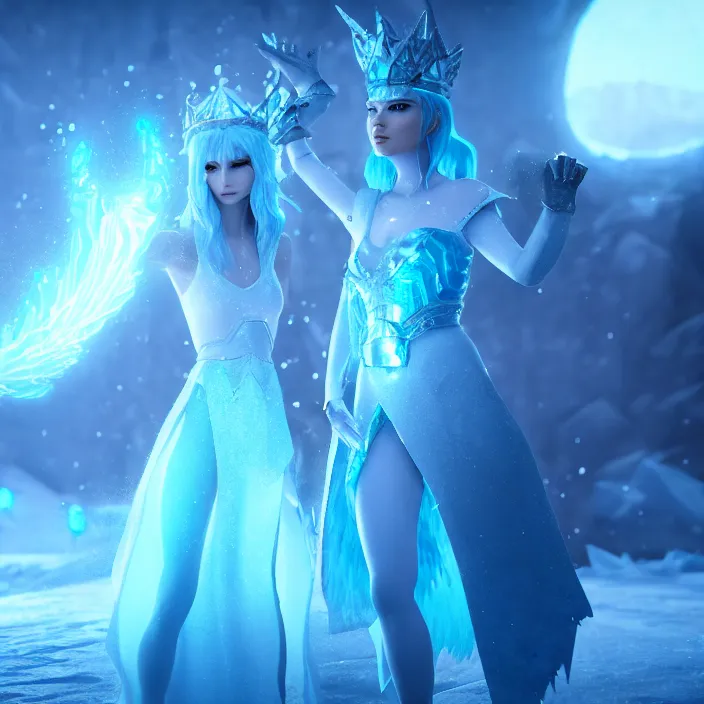 Prompt: beautiful cryomancer ice queen confronting an ice monster ,highly detailed, 8k, HDR, award-winning, trending on artstation, octane render