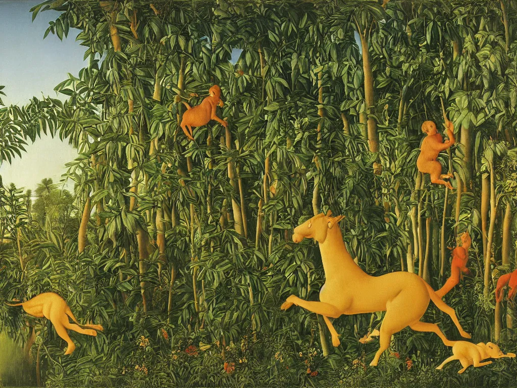 Prompt: The jungle animals are running away from the fiery comet. Painting by Giovanni Bellini, Henri Rousseau