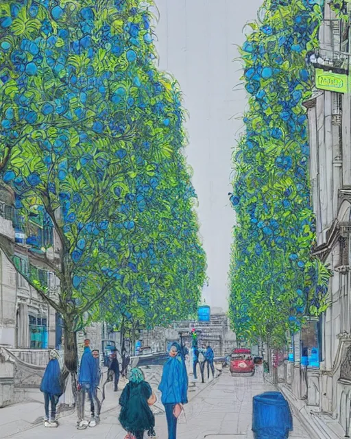 Image similar to london street scene by james jean, green plants, blue light, fine details