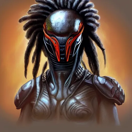 Prompt: character digital painting of an alien with dreadlocks and wearing grey high tech armor, The Predator, Yautja, hyperdetailed, trending on Artstation