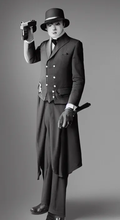 Image similar to Full body portrait of a man with a stern look dressed in a 1920s attire. He is pointing a gun and seems mentally unstable. 4K, dramatic lighting