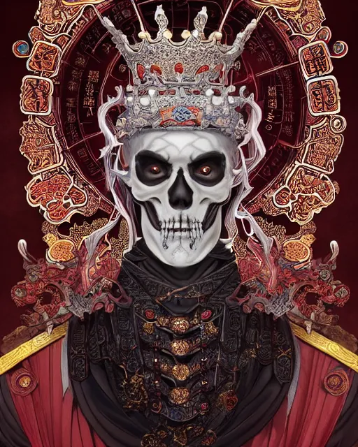 Image similar to portrait of skeleton emperor, glowing demonic energy crown, upper half portrait, decorated with chinese opera motifs, asian, bian lian, traditional chinese art, intricate, elegant, highly detailed, symmetry, digital painting, artstation, concept art, smooth, sharp focus, illustration, art by artgerm and greg rutkowski and alphonse mucha, 8 k