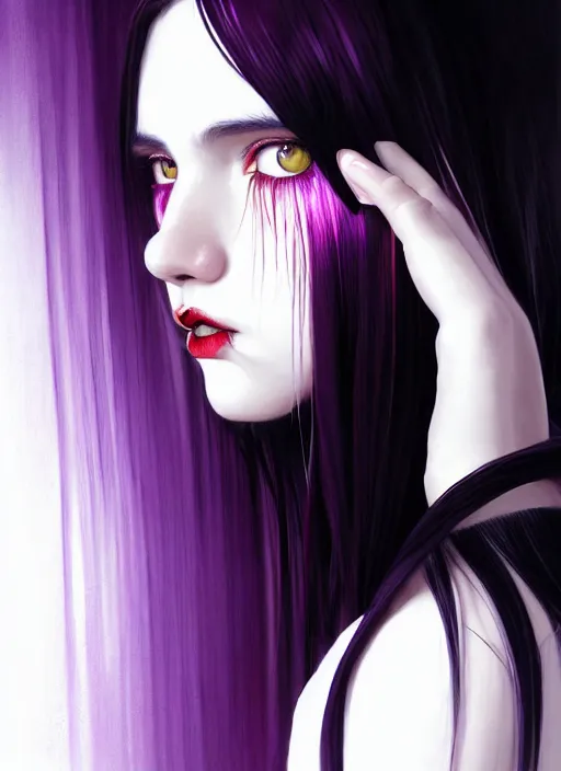 Prompt: portrait of teenage girl, red irises, red eyes, black hair, black and white hair, white bangs, purple clothes, white bangs, bangs, black hair and white bangs, intricate, elegant, glowing lights, highly detailed, digital painting, artstation, concept art, smooth, sharp focus, illustration, art by wlop, mars ravelo and greg rutkowski