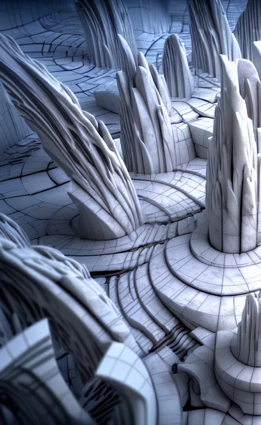 Image similar to highly detailed 3 d render cinematic composition of a smooth white fluid fractal sci - fi surreal architecture landscape, marble, stone, magnesium, archviz, vincent callebaut composition, mamou - mani, beautiful lighting, hyper detailed, 8 k, unreal engine, hdr, dof