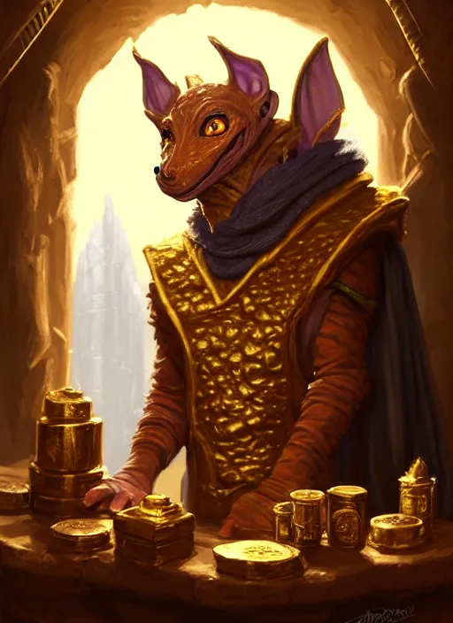 Image similar to a _ fantasy _ style _ portrait _ painting _ of a humanoid gold kobold male in wizard robes selling wares in his shop, oil _ painting _ unreal _ 5 _ daz. _ rpg _ portrait _ extremely _ detailed _ artgerm _ greg _ rutkowski _ greg