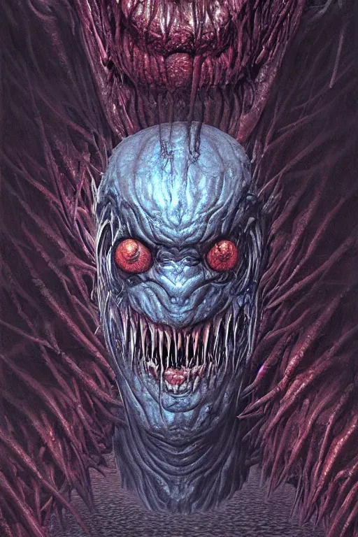 Image similar to a monstrous creature with a single giant bloodshoot eye, and mouth filled with thin sharp teeth, by wayne barlowe, ( ( ( horror art ) ) ), dramatic lighting, highly detailed digital painting