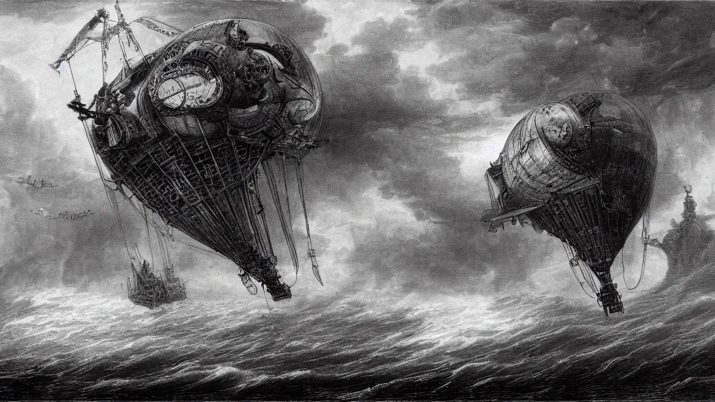 Prompt: drawing of a giant steampunk airship above a stormy ocean, by gustave dore, nineteenth century, black and white, vintage, science fiction, epic composition, dramatic lighting, highly detailed, cinematic