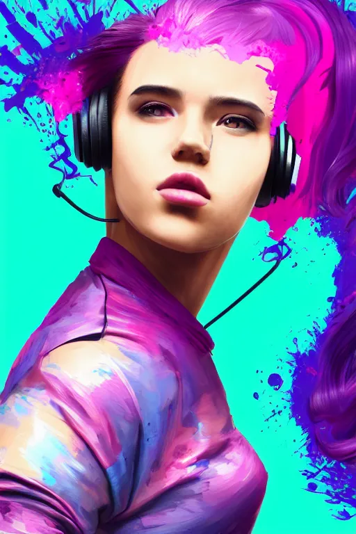 Prompt: a award winning half body portrait of a beautiful woman in a croptop and cargo pants with ombre purple pink teal hairstyle with head in motion and hair flying listenin to music on headphones by wlop, paint splatter, outrun, vaporware, shaded flat illustration, digital art, trending on artstation, highly detailed, fine detail, intricate