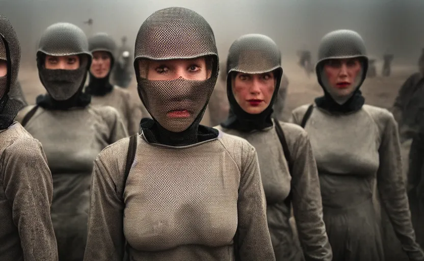 Prompt: cinestill 5 0 d photographic portrait by helen levitt of a group of android women wearing rugged black mesh techwear in a foggy cement maze, extreme closeup, modern cyberpunk, dust storm, 8 k, hd, high resolution, 3 5 mm, f / 3 2, ultra realistic faces, intricate detail, ex machina