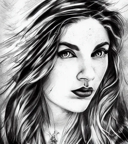Image similar to a beautiful woman face against a background of beautiful mountains, tattoo design sketch, amazing blend effect, hyper - realistic, in the style of matteo pasqualin, amazing detail, black and white