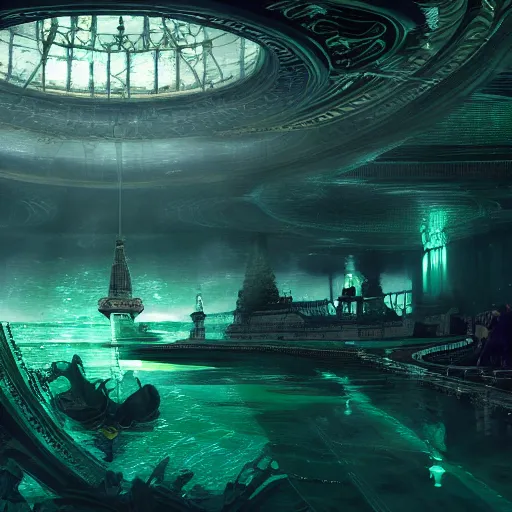 Prompt: underwater moscow, green ratio, black ratio, symmetric, elegant, ornate, luxury, elite, matte painting, MTG, magic the gathering, cinematic, cgsociety, 8k, high resolution, concept art, cgsociety, octane render, trending on artstation, artstationHD