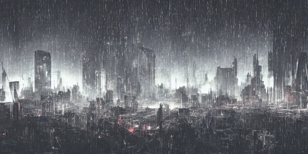 Prompt: 35mm photography film still landscape of cyberpunk city with industrial fires and smog, futuristic dystopian megacity skyline, rain falling, matte painting, cyberpunk noir, neon, sharp focus