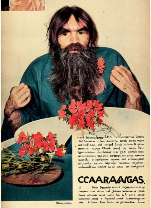 Prompt: vintage pharamaceutical magazine advertisement depicting charles manson eating flowers