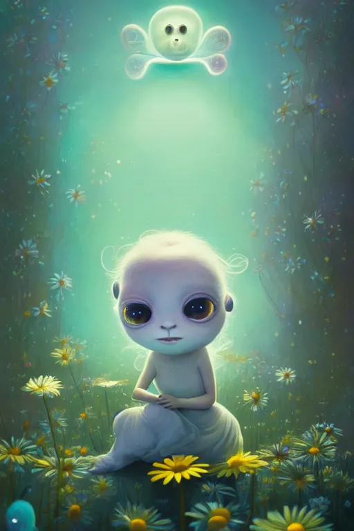 Image similar to a surreal Bioluminescent, very very very cute daisy in a happy world by Daniel Merriam, Trending on Artstation, oil on Canvas by Elena Zhurikhina and Goro Fujita and Charlie Bowater, octane render, 4k, 8k, HD