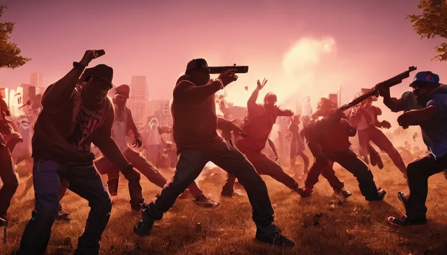 Image similar to full - body action shot of a gangsta rap group n. w. a. fighting a horde of zombies, in the style of boondocks, mist, epic, cinematic, volumetric lighting, symmetry, fantasy style, highly - detailed, unreal 5, realism,