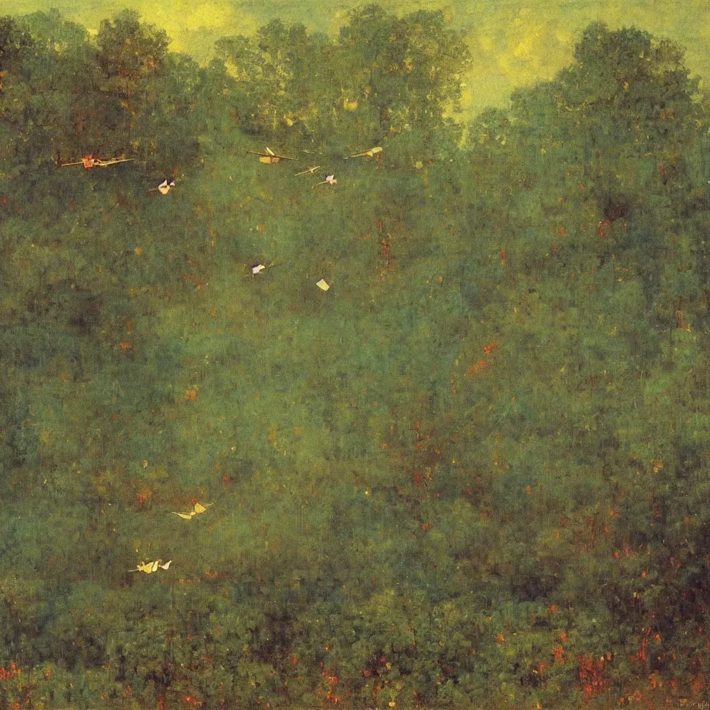 Prompt: two huge zepplins flying above a forest in twilight, 1905, highly detailed colourful oil on canvas, by Ilya Repin