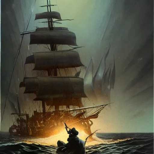 Prompt: hyper realistic sam l. swinesby battles the entity on a pirate ship in late 1 3 0 7 amidst the great storm of panellip while swinesby's men get possessed by the spell of crepula, gorgeous lighting, highly detailed, by zdzisław beksinski and norman rockwell and greg rutkowskiweta studio, and lucasfilm