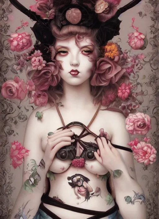 Image similar to pop surrealism, lowbrow art, realistic seductive cute woman painting, body harness, japanese shibari with flowers, hyper realism, muted colours, rococo, natalie shau, loreta lux, tom bagshaw, mark ryden, trevor brown style,