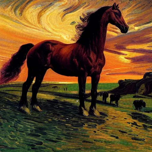 Prompt: a horse made out of emeralds with fiery eyes standing on a cliff in a turbulent hellscape!!! at sunset, retrowave!, by alfred munnings!! and h.r. giger, oil on canvas, 8k hd