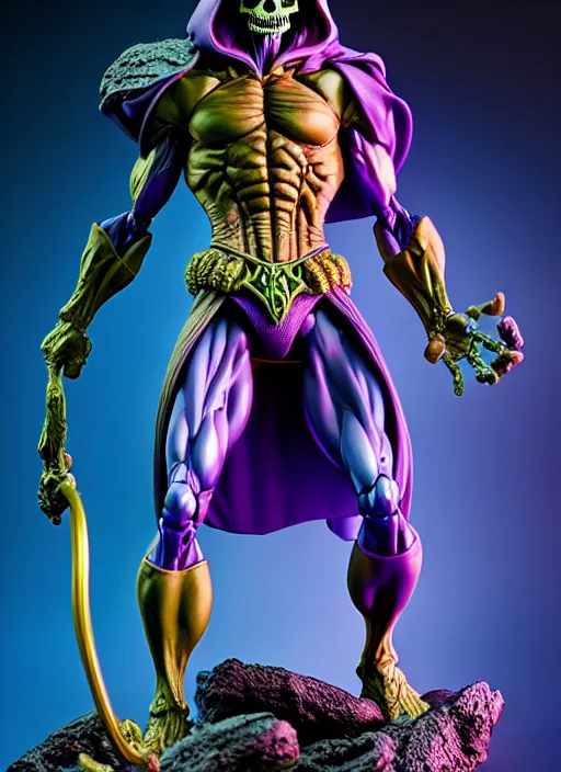 Image similar to hyperrealistic rendering, skeletor by bernie wrightson and killian eng and joe fenton, product photography, action figure, sofubi, studio lighting, colored gels