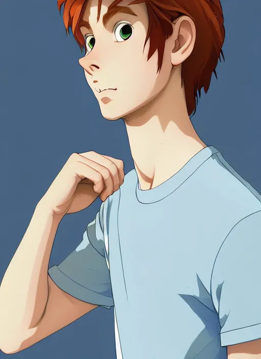 Prompt: portrait of a teen boy with completely straight auburn hair, light blue eyes, pale skin, freckles, sad expression, t - shirt, modern casual clothing, natural lighting, path traced, highly detailed, high quality, cartoon, digital painting, by don bluth and ross tran and studio ghibli