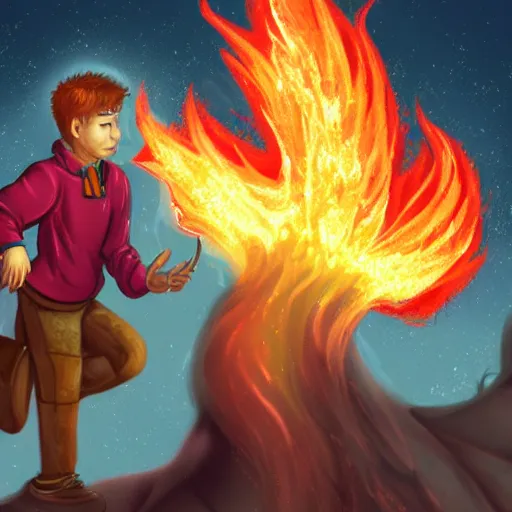Prompt: A digital art of a boy with magical fire powers