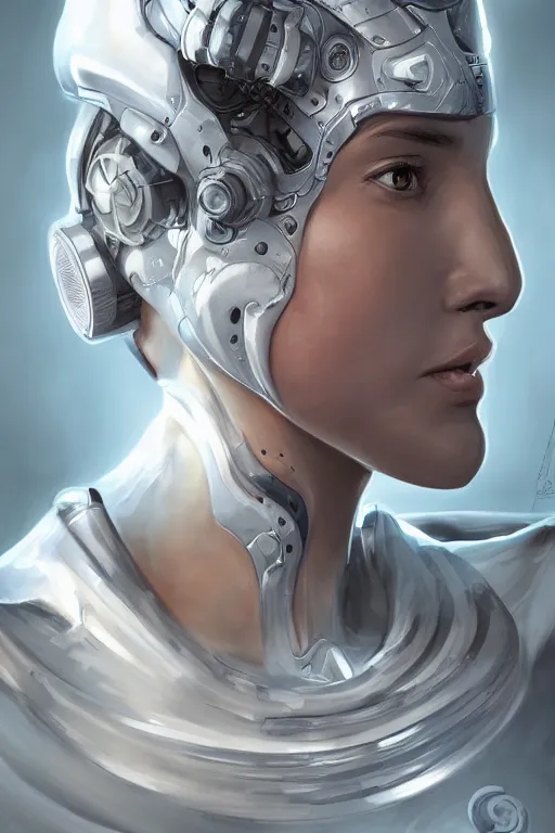 Image similar to a portrait of a swirly cyborg with a hood and mechanical part by Mars Chris and Artgerm, highly detailed, trending on artstation