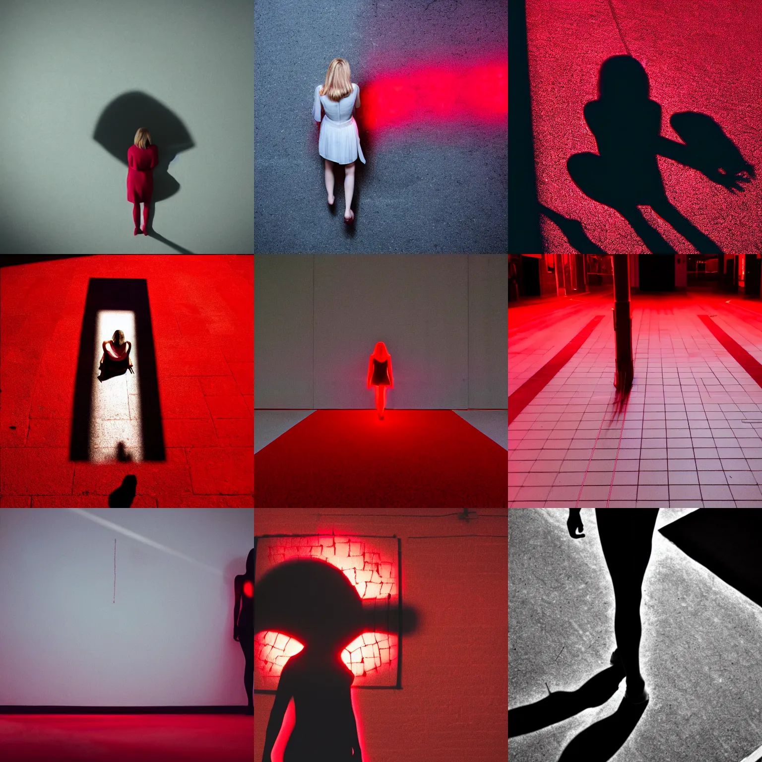 Prompt: she sees her own shadow cast in red light, it is outlined on the floor below her