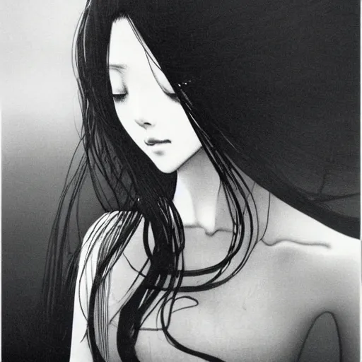 Image similar to a portrait of a character in a scenic environment by Yoshitaka Amano, black and white, dreamy, dark eyes