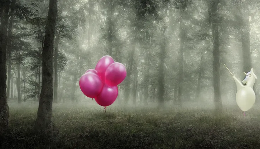 Image similar to A unicorn made out of balloons floats lonely through a dark foggy Forest, Digital Art, Photorealism, Hyper Realistic, Hyperdetailed, Movie Screenshot, iMAX Quality