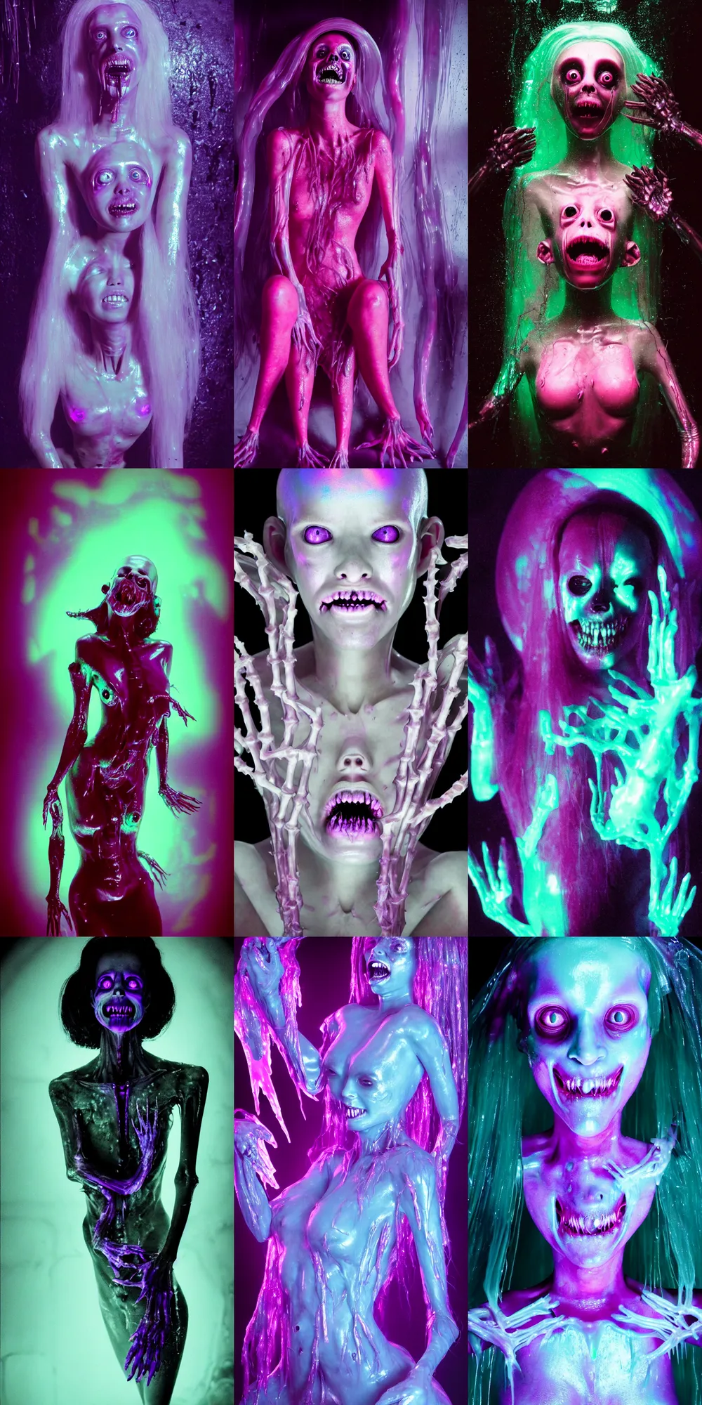 Prompt: dark cinematic shot of a scary sci - fi saliva goo creature princess of slime, she has iridescent membranes, gaping gills and baleen, translucent skin shows haunting skeletal details in front of bright aerochrome and halogen laboratory lights, eerie, occult, gelatinous with a smile, sultry and beckoning