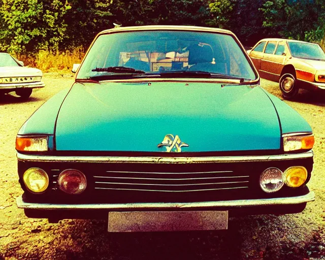 Image similar to a lomographic photo of old lada 2 1 0 7 standing in typical soviet yard in small town, hrushevka on background, cinestill, bokeh