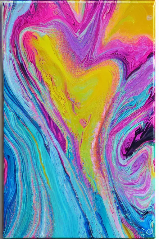 Image similar to acrylic paint pour, marbling, very detailed, large white border, 144x144 canvas, hd, high resolution print :1 Cyan, Pink, White, Yellow and Black :1