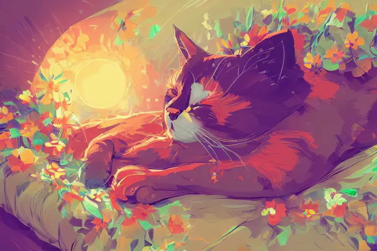 Image similar to a digital art of a cat sleeping in the room with flowers around in the afternoon, the sun shines in, animal, light effect, highly detailed, by anton fadeev