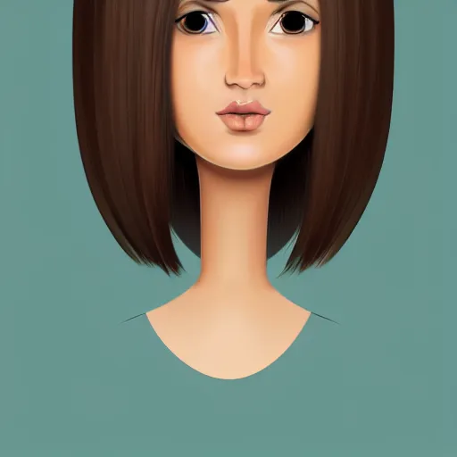 Image similar to chubby brunette woman with straight hair in a short bob, round face, romanian heritage, brown eyes, olive skin, bulbous nose, big chin, wide face, no bangs, digital art, cartoon, cute, 8k, illustration, trending on artstation, medium shot, head shot