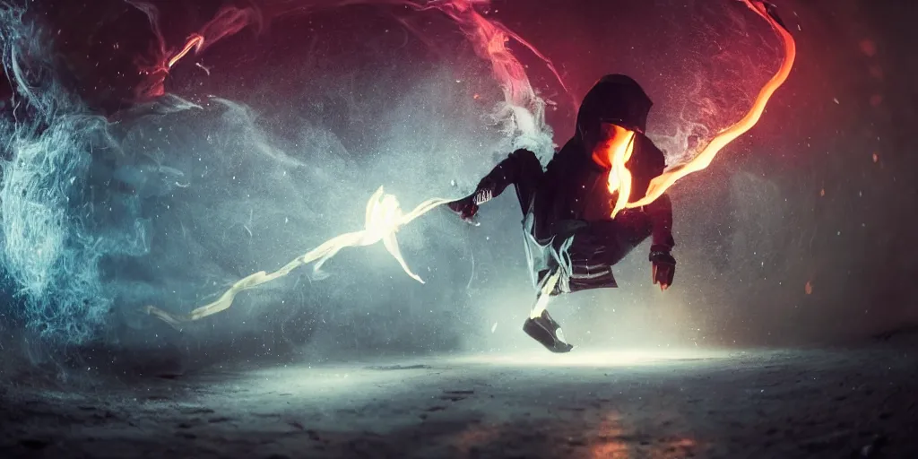 Image similar to music video fisheye slow motion with trail fire and smoke effect of futuristic break dancer wearing long dark cloak and golden helmet emitting fire and crystals, long exposure shot , enigmatic, at night on the moon, paddle of water, steam, fog, water splashes, rim lights, glossy reflections, water droplets on lens, octane render, Volumetric dynamic lighting, stunning cover magazine, high details, hajime sorayama