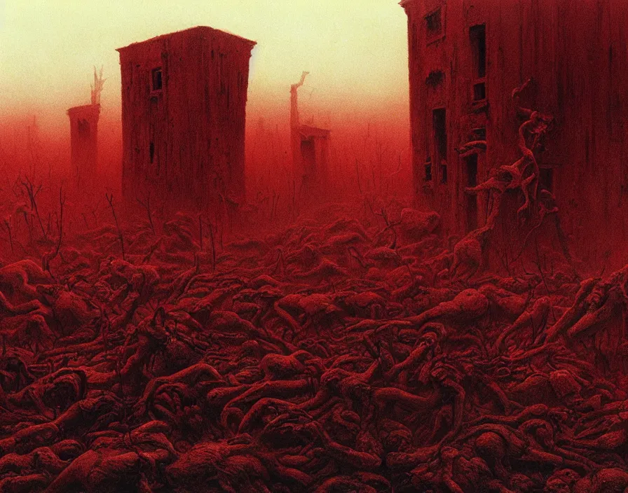 Prompt: A nightmarish hellscape as a result of climate change and corruption by worldwide politicians, by Zdzisław Beksiński and Greg Rutkowski, horror, blood red, cinematic, highly detailed, 8k