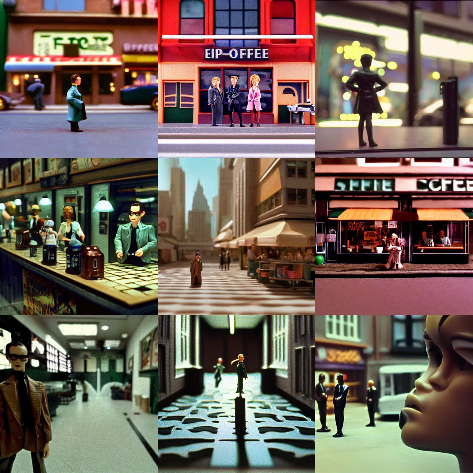 Prompt: beautiful hyperrealism three point perspective film still of zion coffee shop epic scene from the matrix(1990) extreme closeup portrait in style of 1990s frontiers in nouveau retrofuturism street photography fashion edition, translucent miniature porcelain model, focus on face, eye contact, tilt shift style scene background, soft lighting, Kodak Portra 400, cinematic style, telephoto, bokeh