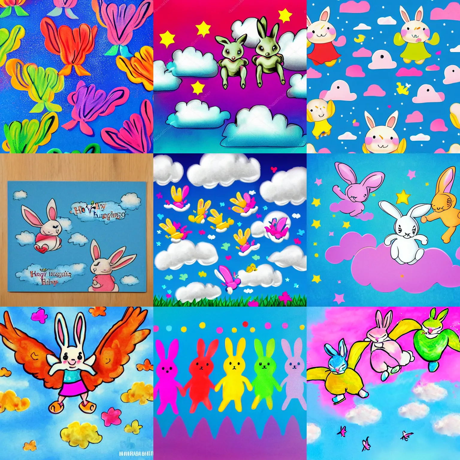 Prompt: bunnies with wings jumping on clouds colorful happy